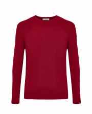 Red crew-neck knit sweater with long sleeves, ribbed cuffs and hem