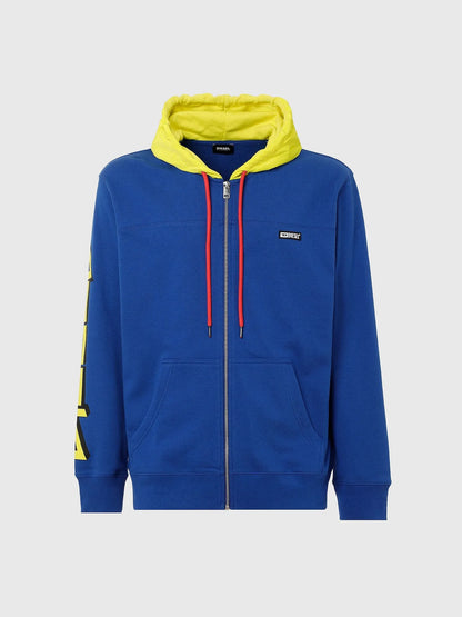 Diesel blue zip-up hoodie with neon yellow hood and red drawstring