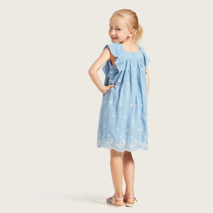 Blue baby dress with star print, square neckline, ruffled sleeves, gathered skirt