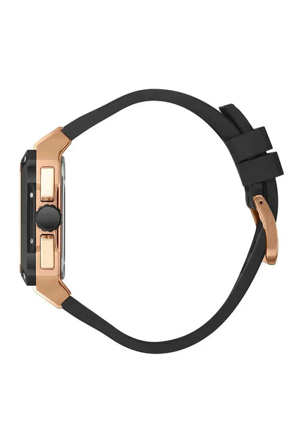 Rose-gold and black sports watch case with black buckle strap