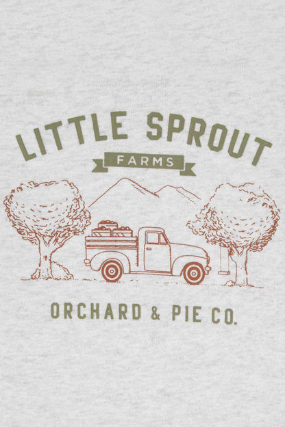 Gray graphic long-sleeve shirt with Little Sprout Farms orchard print