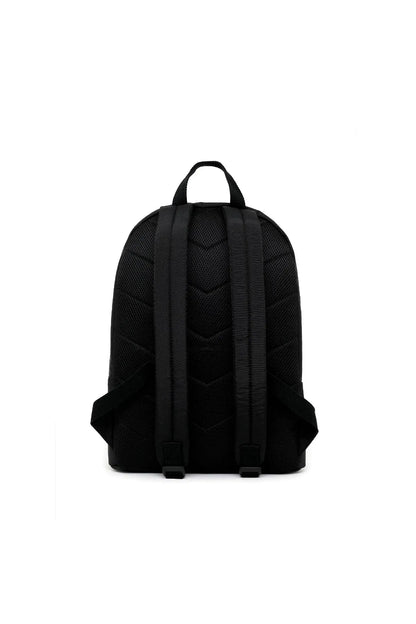 Black backpack front view with textured panel, top handle, and adjustable straps