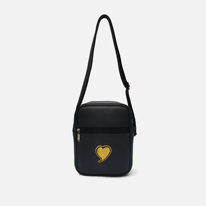 Black crossbody bag with front zipper pocket and yellow heart logo