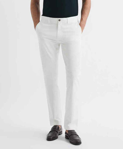 White fitted stretch chinos, slim straight leg, button closure and front pockets