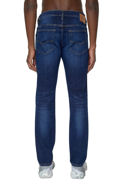 Blue denim jeans back view with two back pockets and straight leg fit