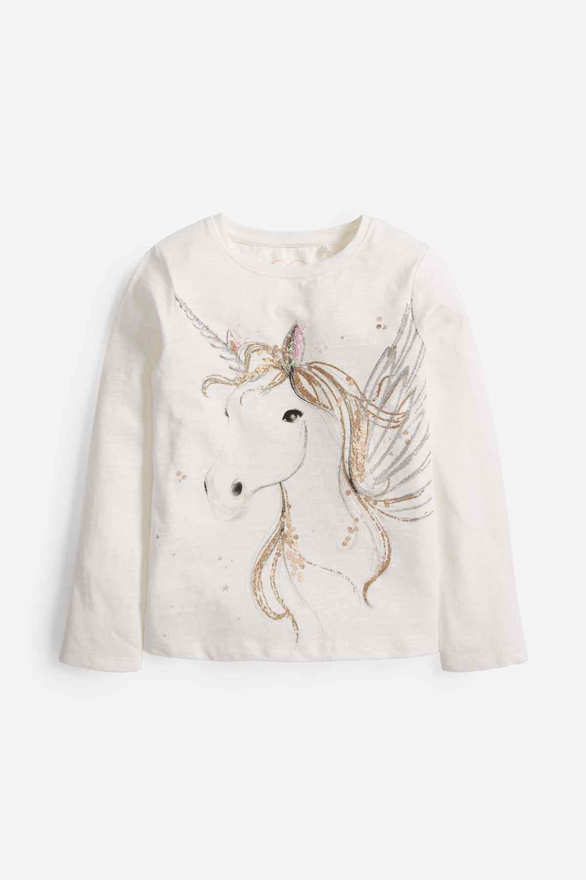 Ecru long-sleeve kids T-shirt with unicorn graphic
