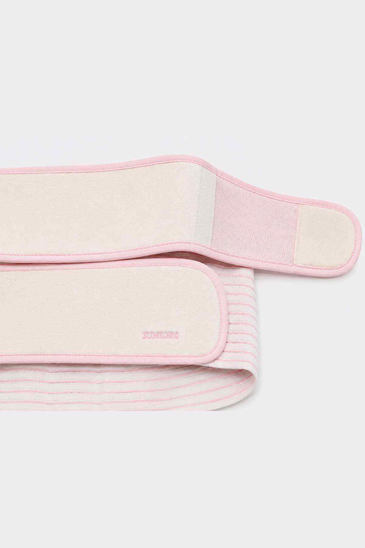 Hook-and-loop waist support belt with pink border and ribbed striped fabric