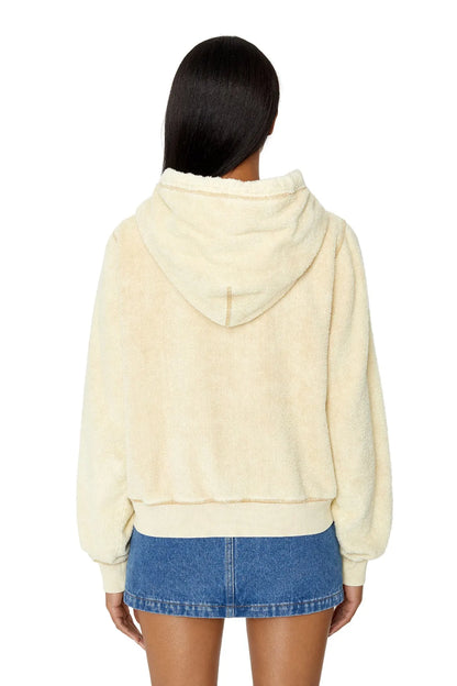 Beige fleece zip-up hoodie with hood and full-zip front, back view