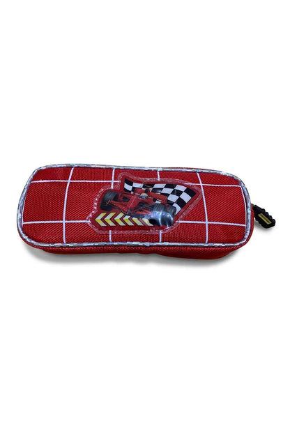 Red grid racing car pencil case, top view with zipper pull and molded logo patch