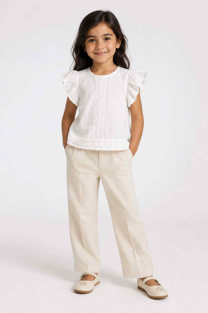 Cream baby girls' embroidered top with flutter sleeves