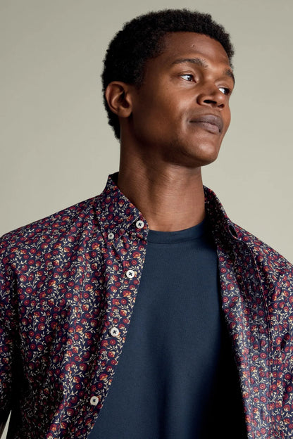 Red and navy floral short-sleeve button-up shirt with point collar