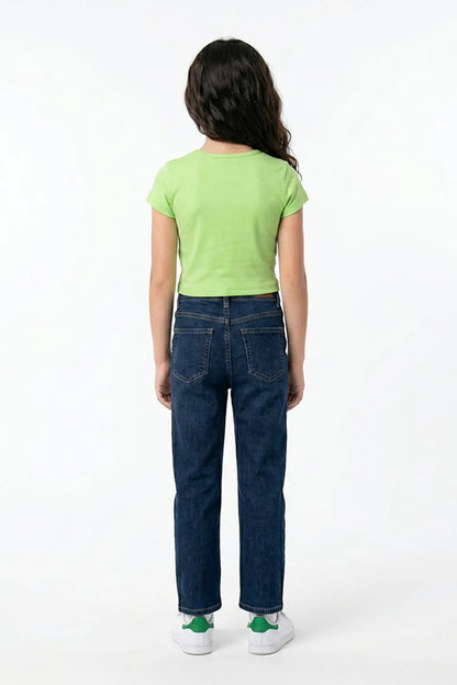 Back view: light green kids short-sleeve T-shirt with crew neck
