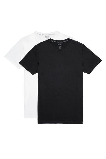 Two crew-neck T-shirts: black and white, short sleeves, plain fronts