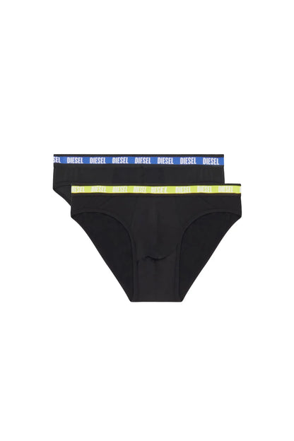 Men's black brief with wide neon green and blue elastic logo waistband