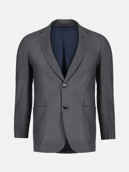 Grey blazer with notch lapel, two-button front, chest and side pockets