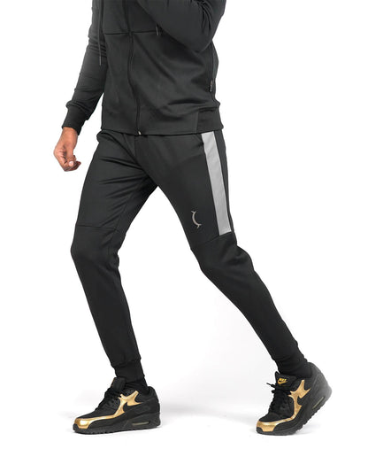 Bodybrics dark jogger pants with gray side stripe and zip ankle cuffs