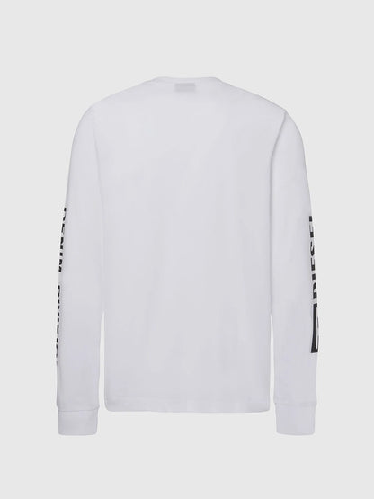 White crewneck sweatshirt with black side sleeve graphic, back view