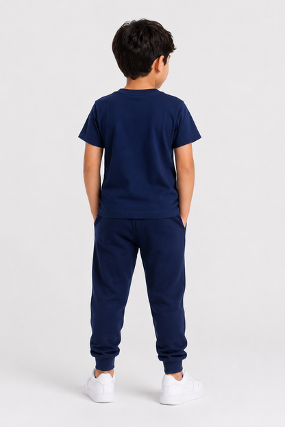 Navy T-shirt and jogger pants set, back view