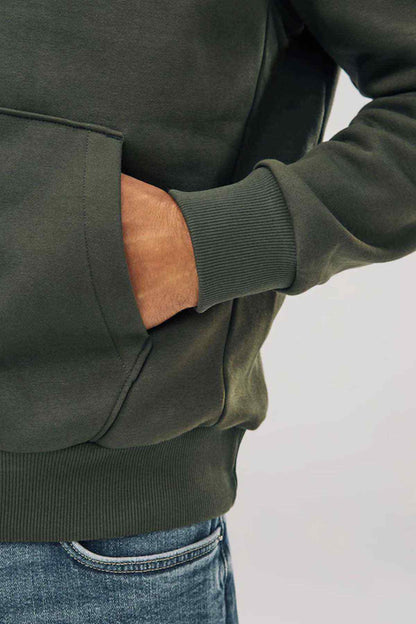 Khaki green hoodie sleeve with ribbed cuff and front kangaroo pocket detail