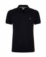 Black short-sleeve polo shirt with button placket and small chest logo