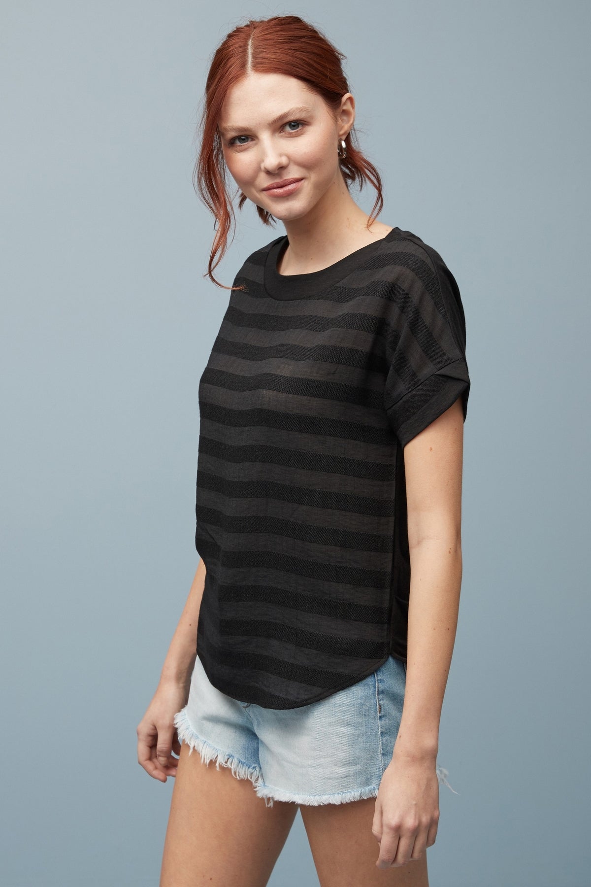 Black and gray striped short-sleeve T-shirt with crew neck