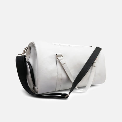 White duffel bag with black crossbody strap and zippered end pocket