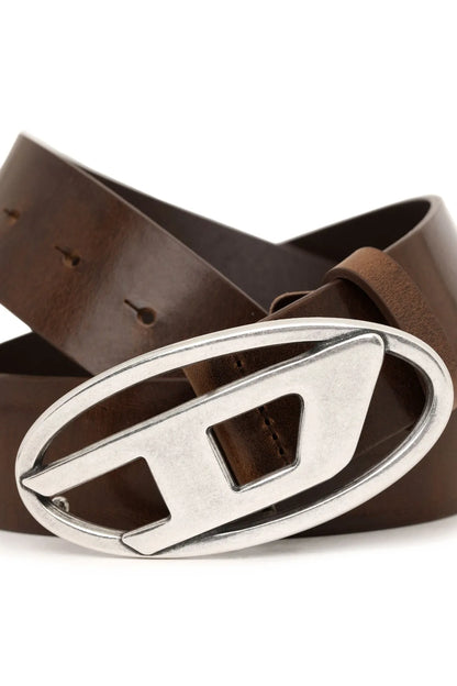 Diesel brown leather belt with silver buckle detail and tongue