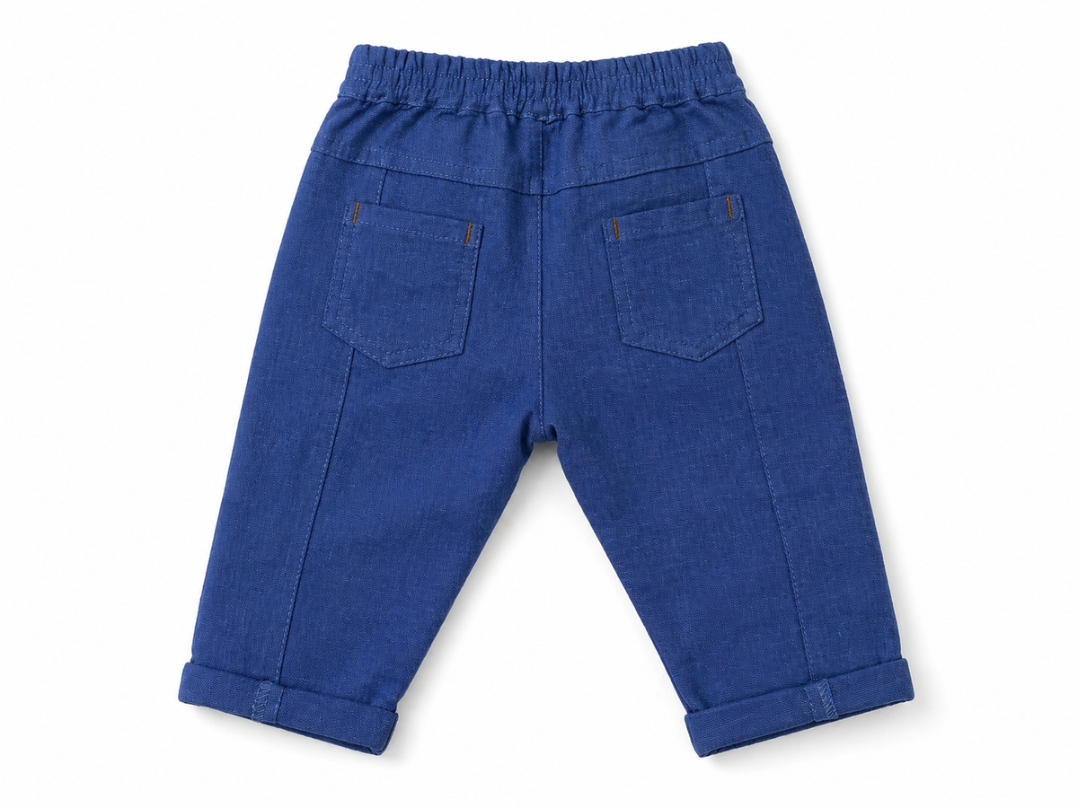BABYSHOP blue denim-look baby pants with back patch pockets and stitched seams