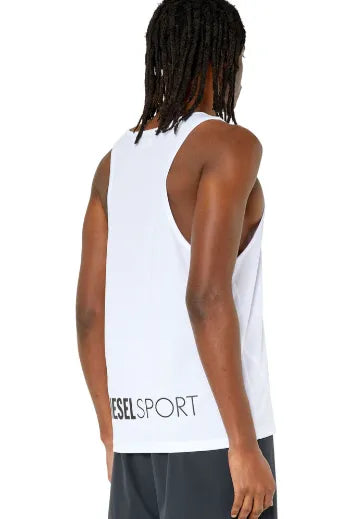 White sleeveless tank top with racerback style and back logo text