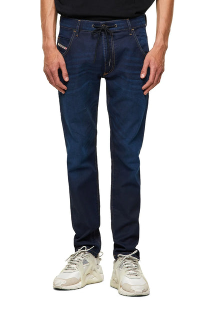Blue denim jeans with drawstring waist and five-pocket design