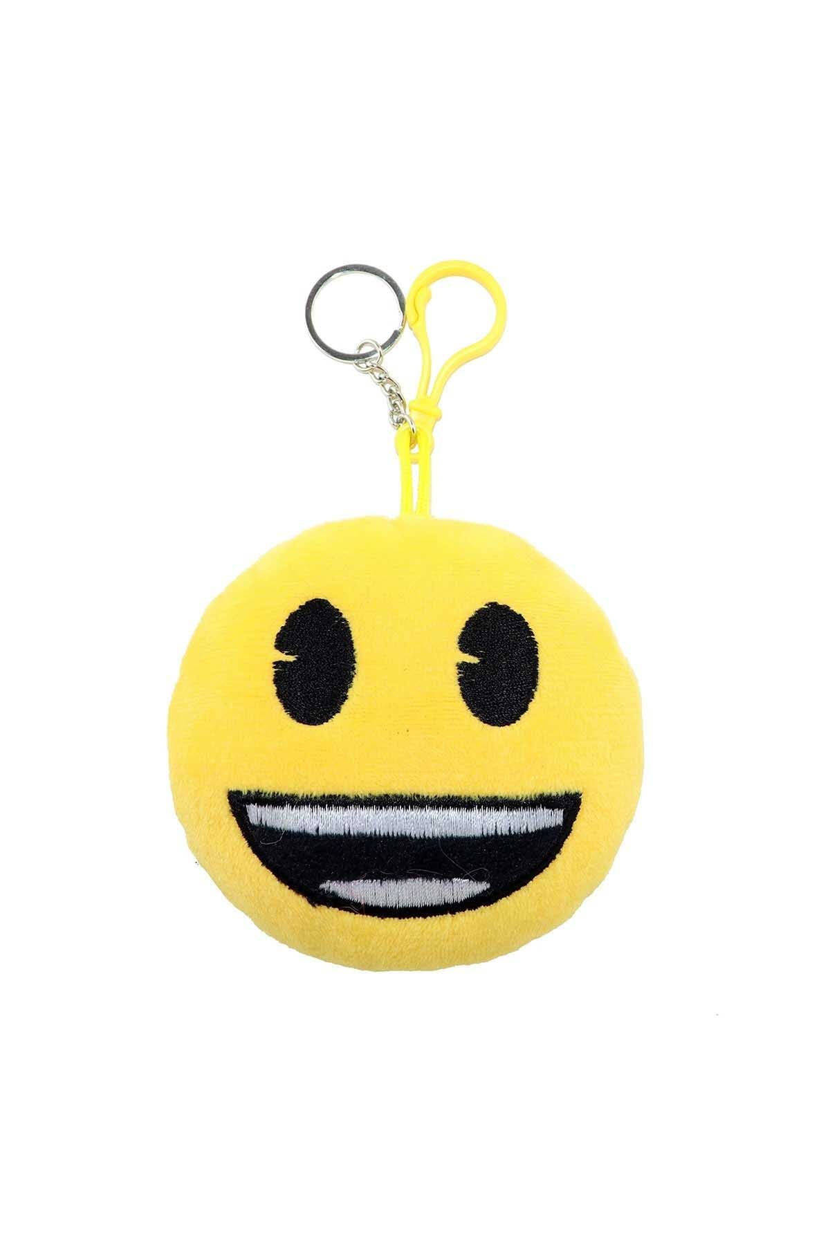 Yellow smiley plush keychain with metal keyring and yellow loop