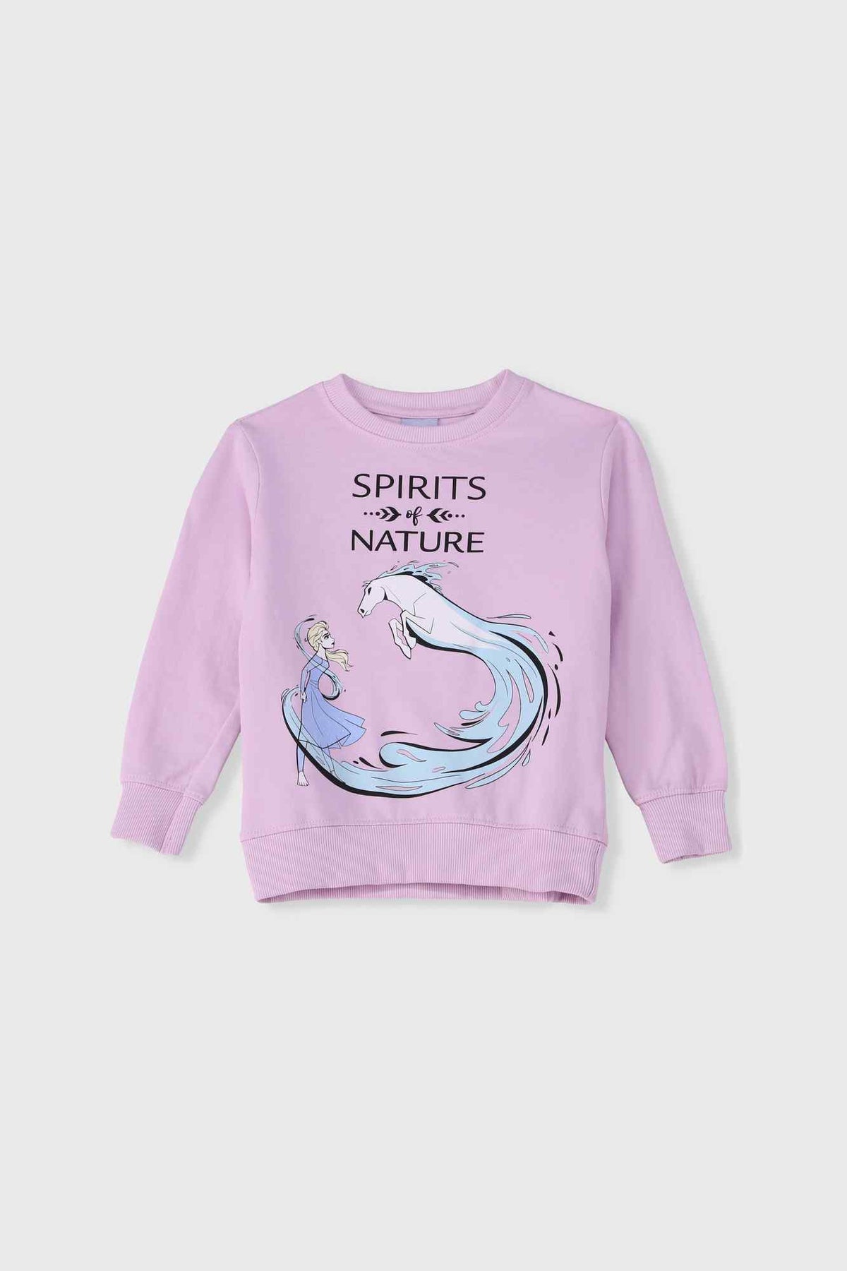 Purple kids sweatshirt with SPIRITS OF NATURE print and horse illustration