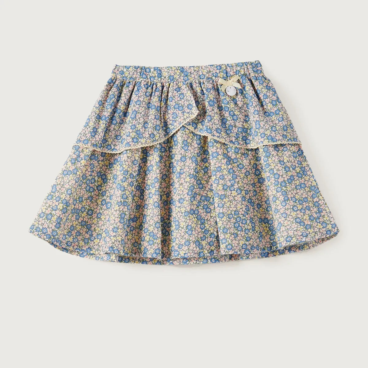 Cream floral tiered skirt with double ruffle hem and elastic waistband