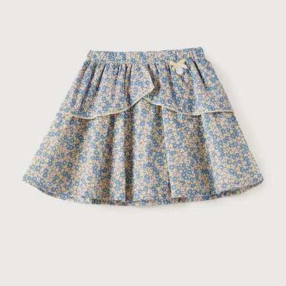 Cream floral tiered skirt with double ruffle hem and elastic waistband