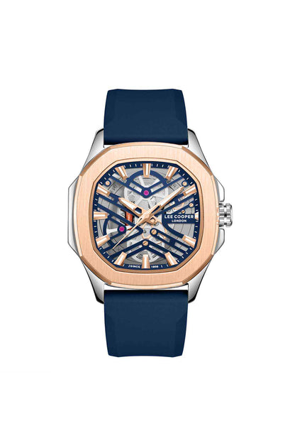Lee Cooper men's analog wristwatch with blue dial, rose-gold bezel, dark blue silicone strap