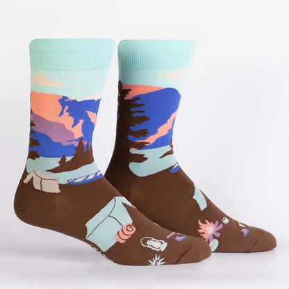 Funky Dunky crew socks, brown with light blue forest sunset pattern and small animals