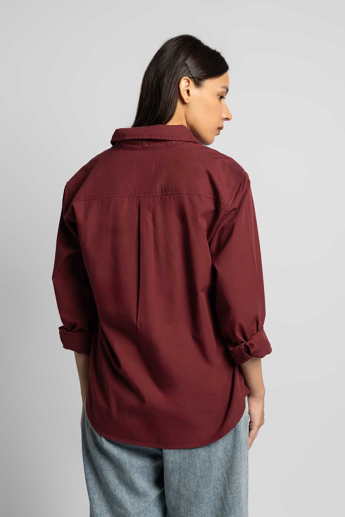 Levi's maroon button-up shirt, back view, with long sleeves and button placket