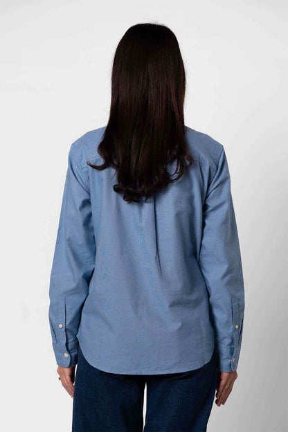 Levi's blue button-up shirt, back view with button placket and long sleeves