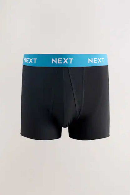 Men's boxer briefs in dark fabric with blue logo waistband and front fly