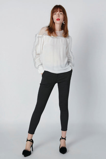 White sheer long-sleeve blouse with ruffle cuffs