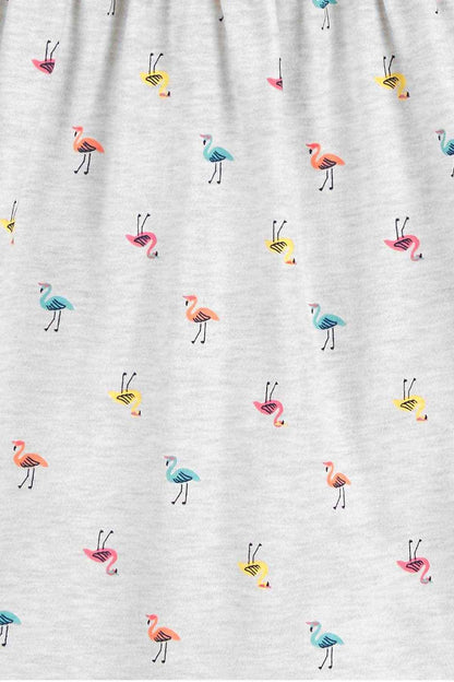 Gray sleeveless dress fabric with scattered flamingo icons