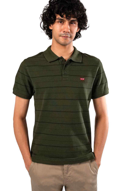 Levi's dark green striped polo shirt with short sleeves and red chest logo
