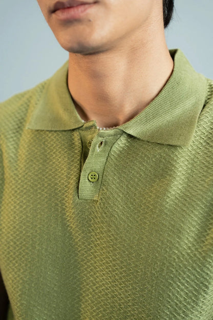Olive polo shirt neckline with 3-button placket and ribbed collar
