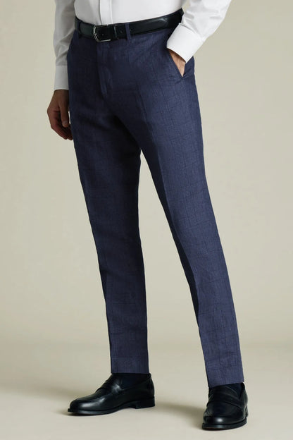 Blue dress trousers, checked texture, belt loops, crease, side pockets