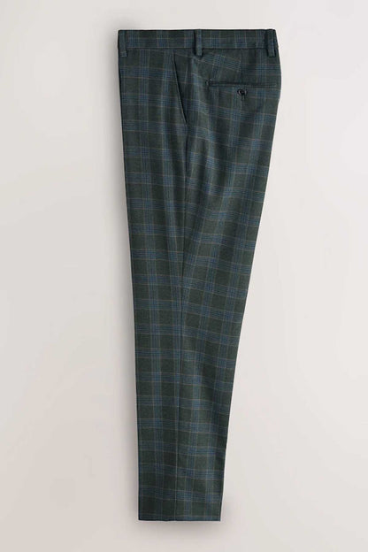 Green plaid suit trousers, full length, front crease, belt loops