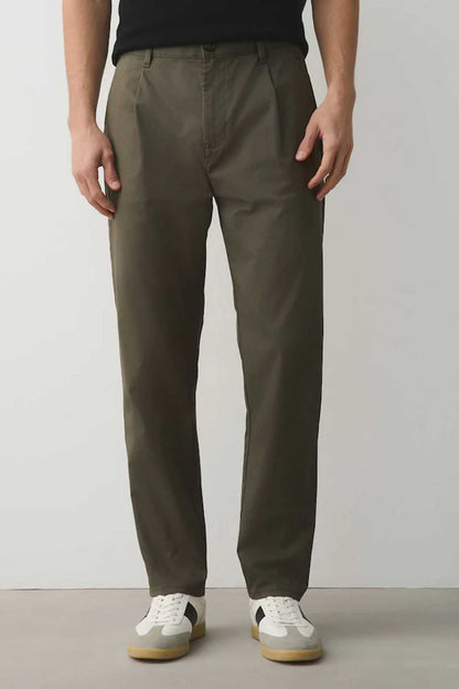 Men's khaki green straight-leg trousers, side seam and zip fly visible