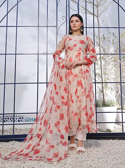 Floral maxi dress in off-white with red print, long sleeves, gathered waist, full-length skirt