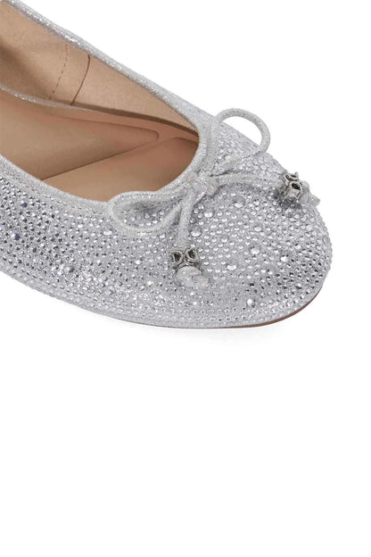 Dune London silver glitter ballet flat close-up of bow and decorative hardware