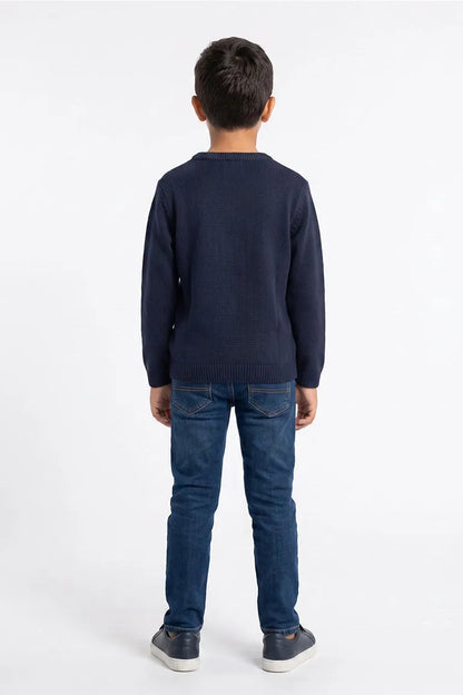 Boys navy knit sweater back view with long sleeves and crew neck