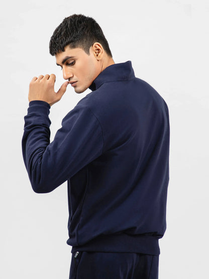 Brumano blue zip-up jacket with stand collar, long sleeves, chest logo tag